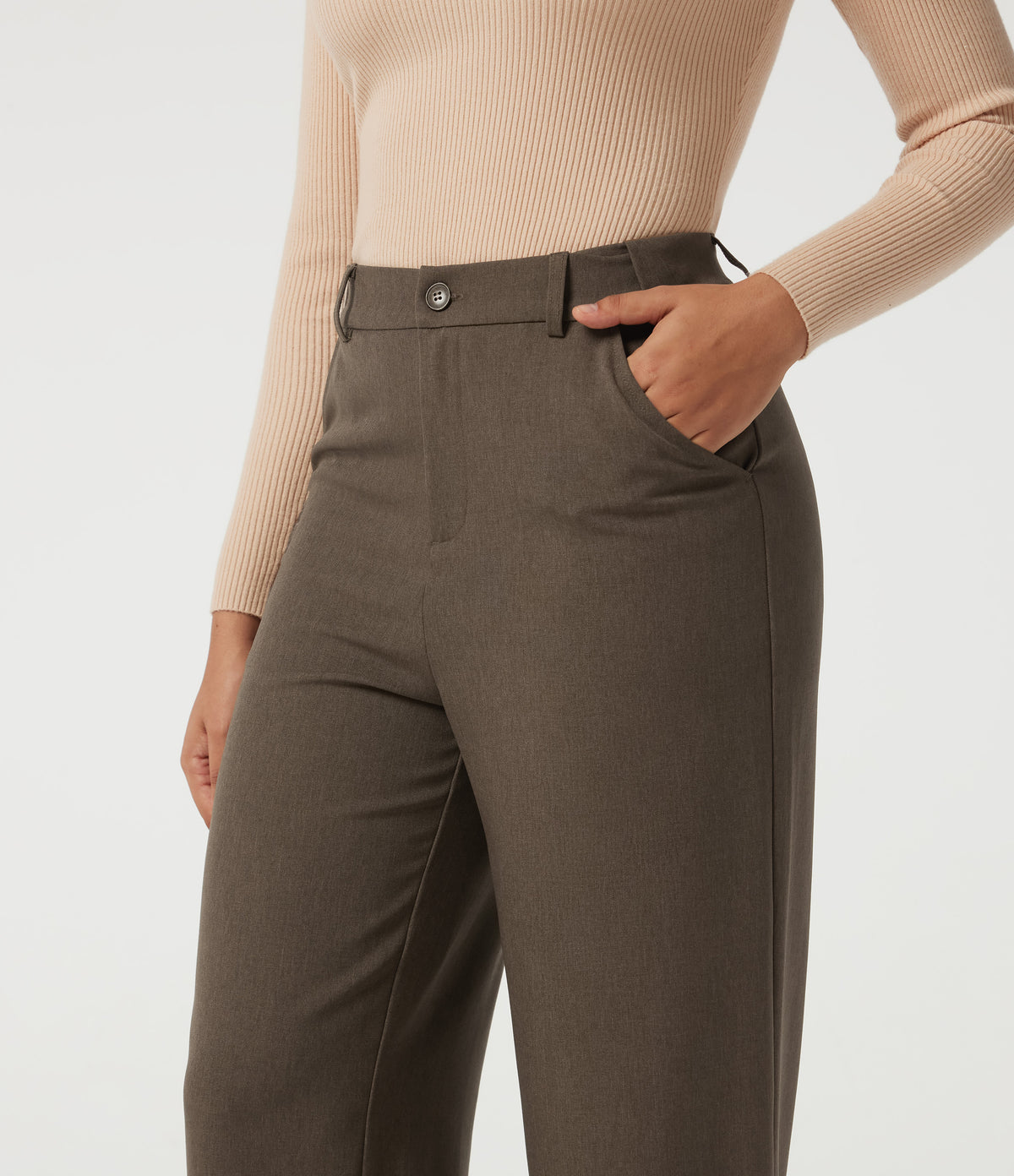 High Waisted Straight Leg Work Trousers with Pockets — Chestvale Brown — view 4