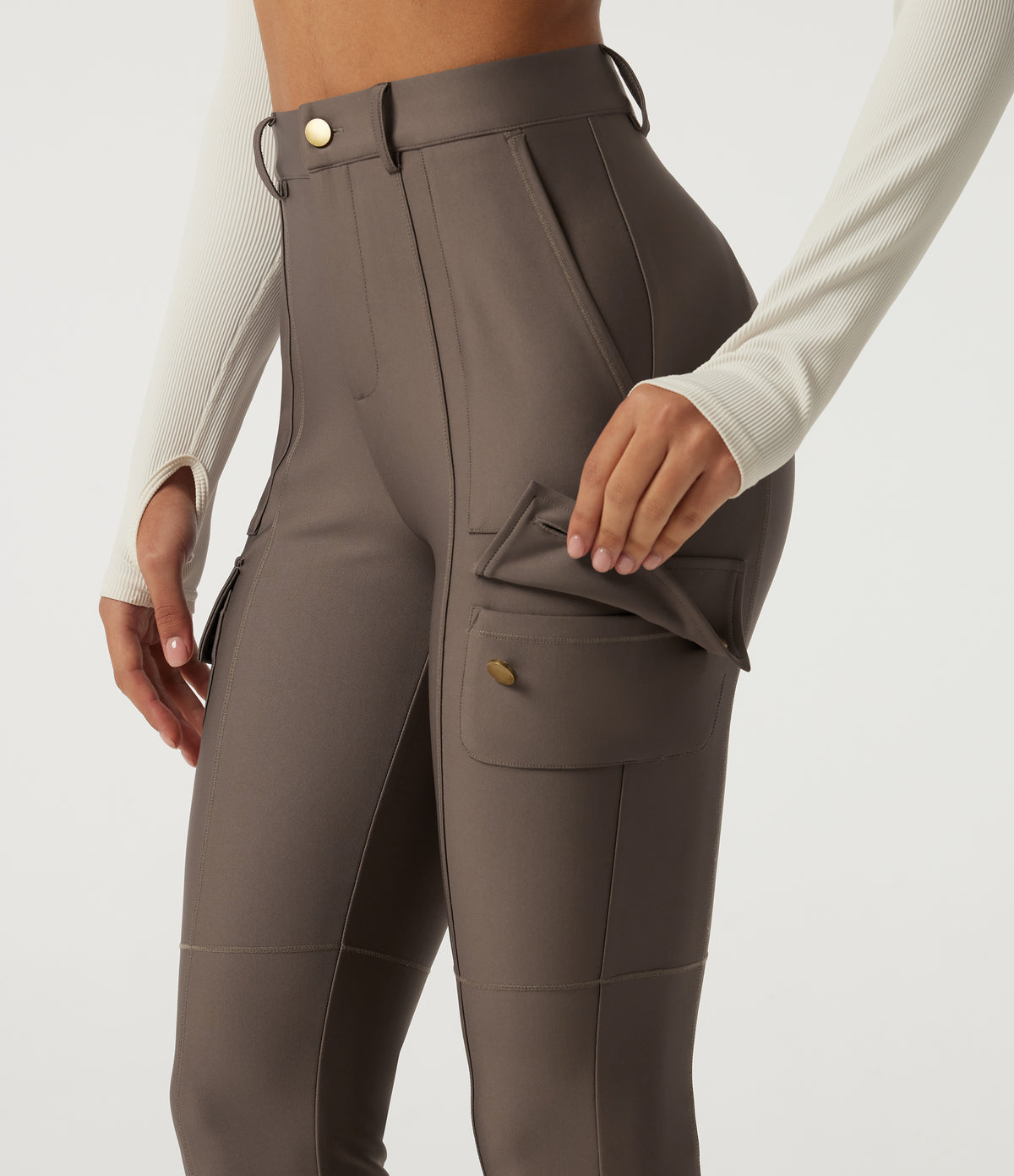 High Waisted Skinny Hiking Trousers with Pockets — Hay Brown — view 6