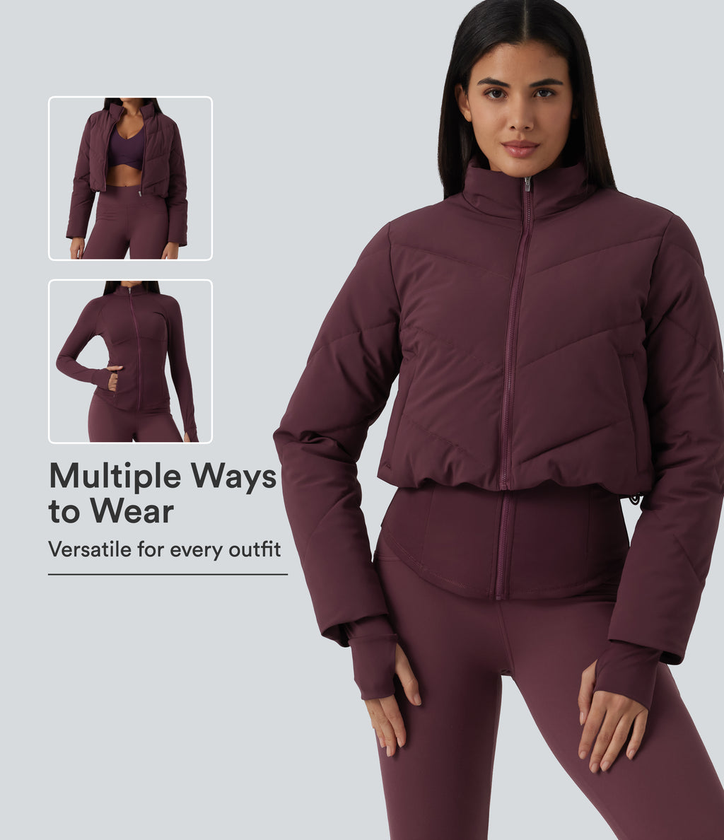 PuffFlex 3-in-1 High Neck Long Sleeve Padded Jacket with Thumbholes and Pockets — Berry Red — view 1