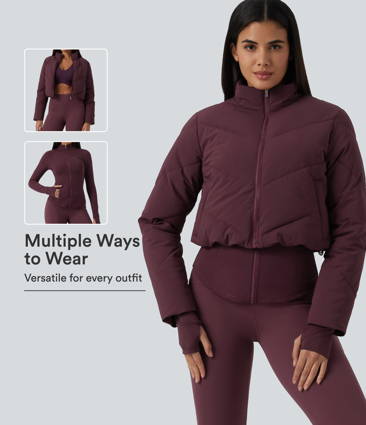 PuffFlex 3-in-1 High Neck Long Sleeve Padded Jacket with Thumbholes and Pockets — Berry Red — view 1