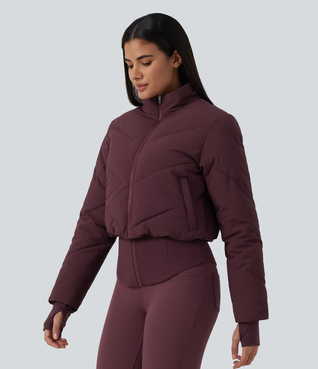 PuffFlex 3-in-1 High Neck Long Sleeve Padded Jacket with Thumbholes and Pockets — Berry Red — view 3