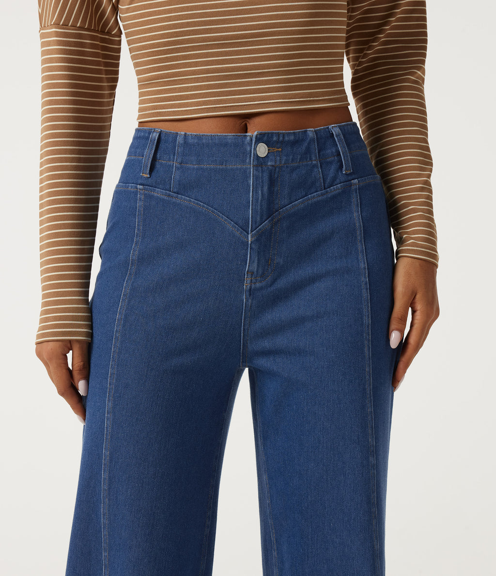 Mid Rise Stretchy Knit Straight Leg Casual Jeans with Pockets — Gulf Stream Blue Denim — view 4