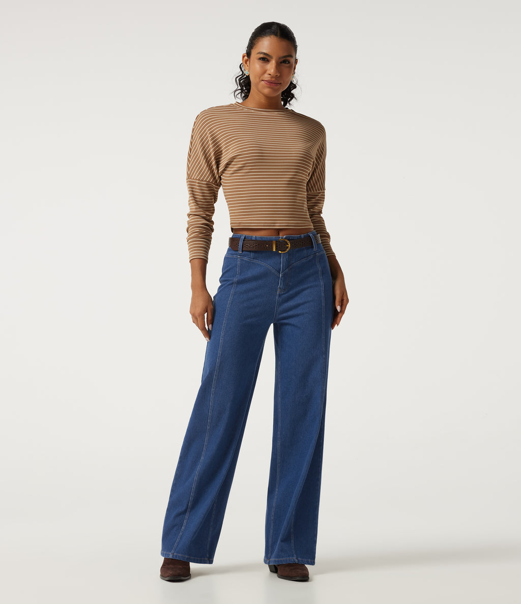 Mid Rise Stretchy Knit Straight Leg Casual Jeans with Pockets — Gulf Stream Blue Denim — view 7