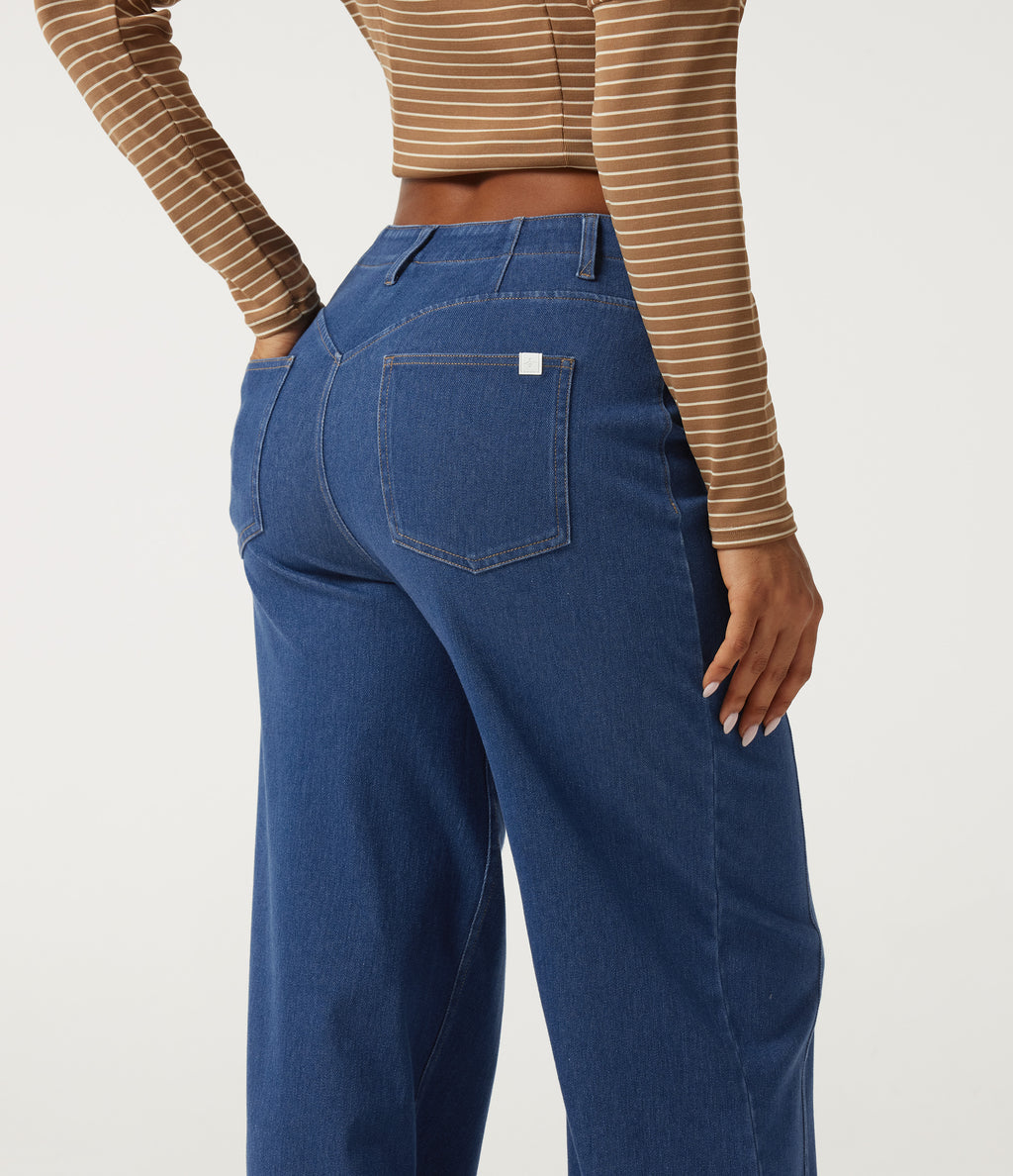 Mid Rise Stretchy Knit Straight Leg Casual Jeans with Pockets — Gulf Stream Blue Denim — view 5