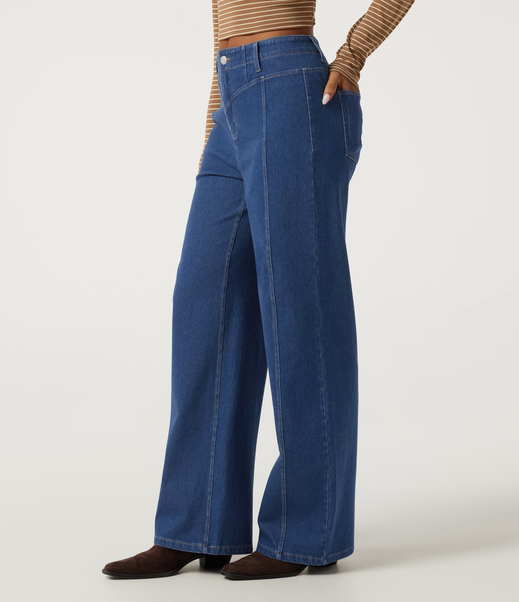 Mid Rise Stretchy Knit Straight Leg Casual Jeans with Pockets — Gulf Stream Blue Denim — view 3