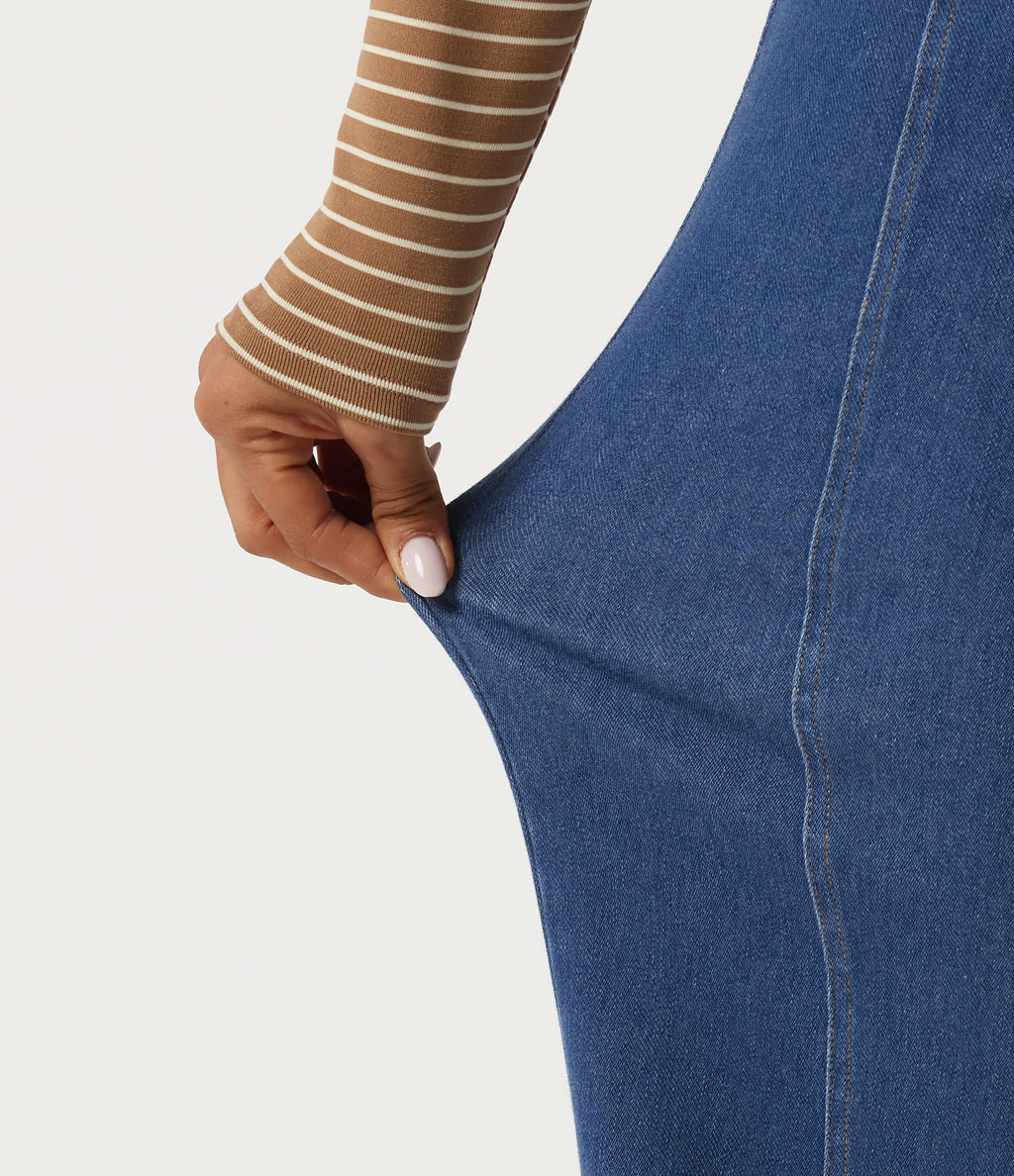 Mid Rise Stretchy Knit Straight Leg Casual Jeans with Pockets — Gulf Stream Blue Denim — view 6