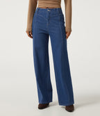 Mid Rise Stretchy Knit Straight Leg Casual Jeans with Pockets — Gulf Stream Blue Denim — view 1