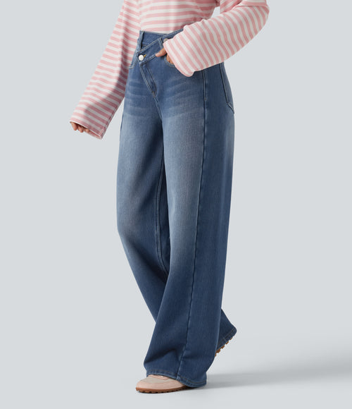 High Waisted Asymmetric Baggy Fleece Casual Cotton Jeans with Pockets — Tide Blue Denim — view 3