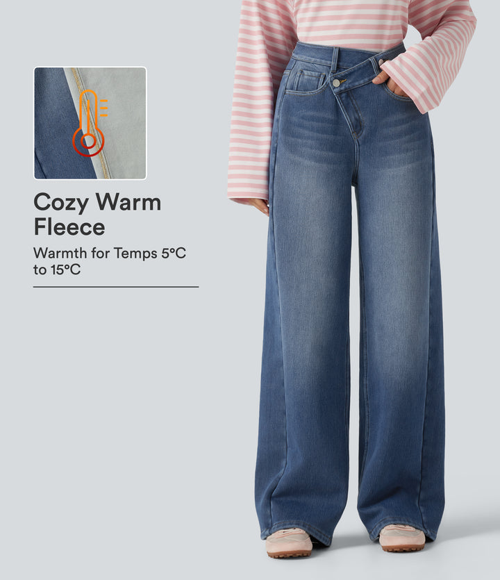 High Waisted Asymmetric Baggy Fleece Casual Cotton Jeans with Pockets — Tide Blue Denim — view 1