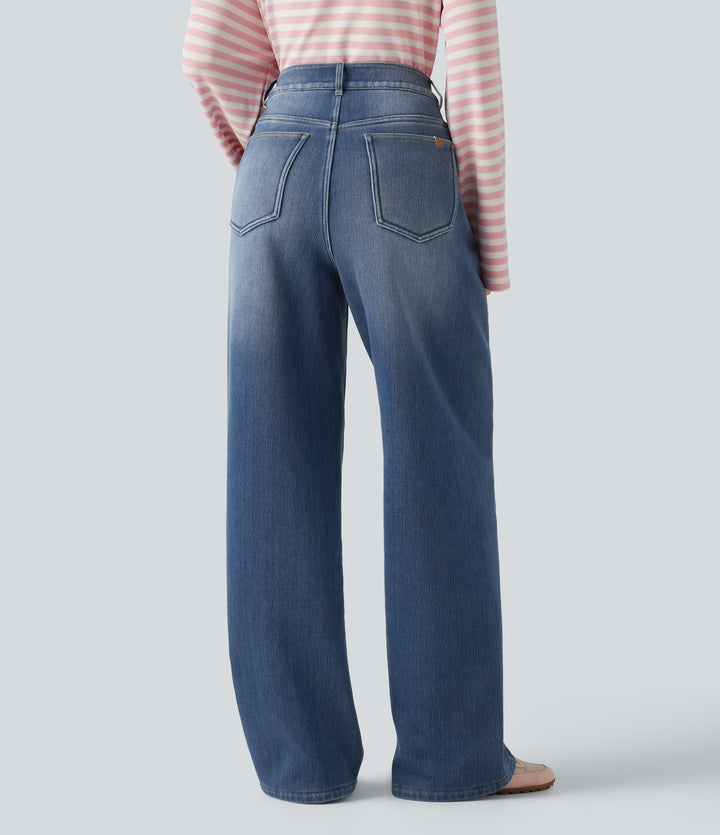 High Waisted Asymmetric Baggy Fleece Casual Cotton Jeans with Pockets — Tide Blue Denim — view 2