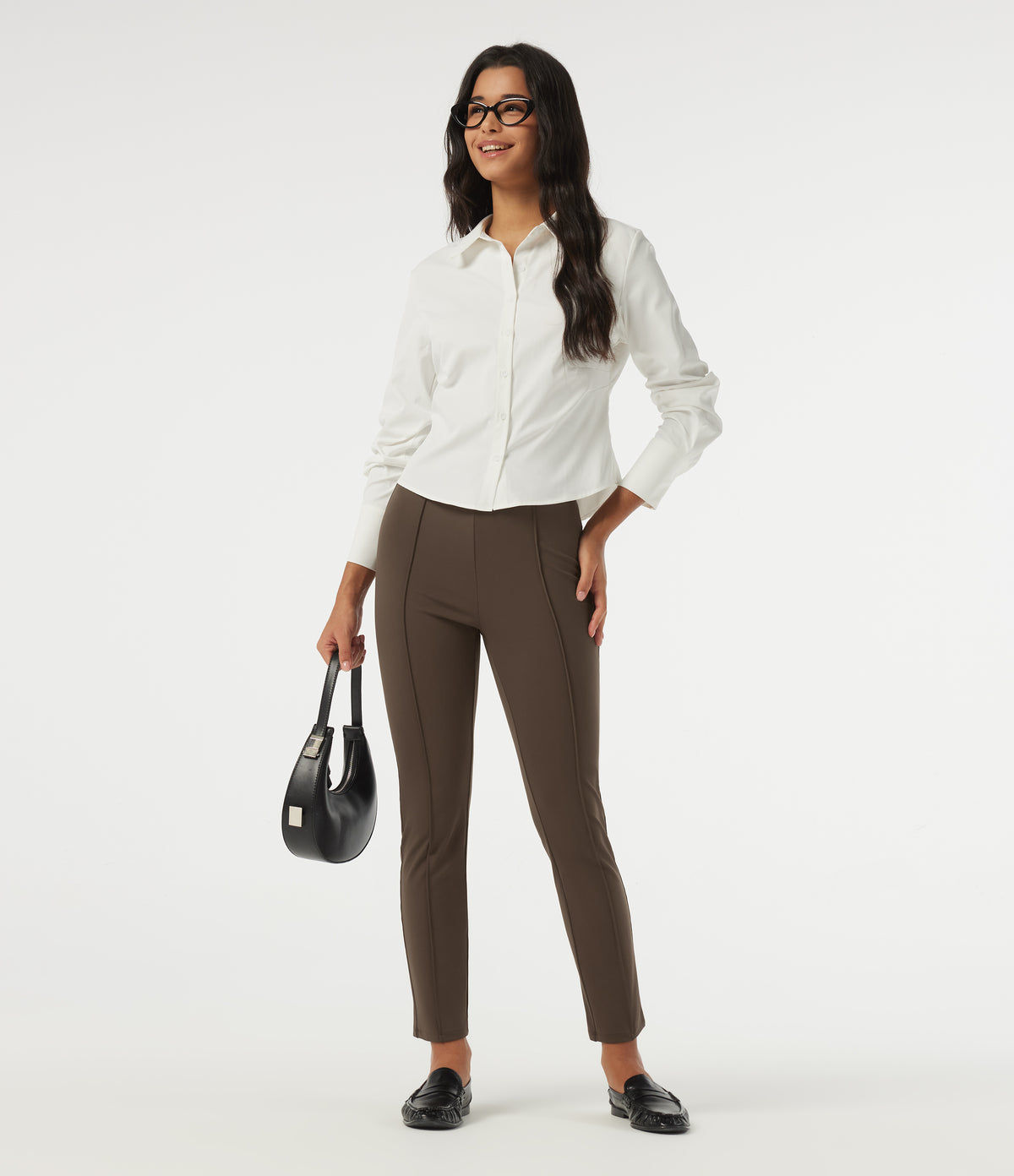 High Waisted Slim Pintuck Work Trousers — Chocolate Martini — view 8