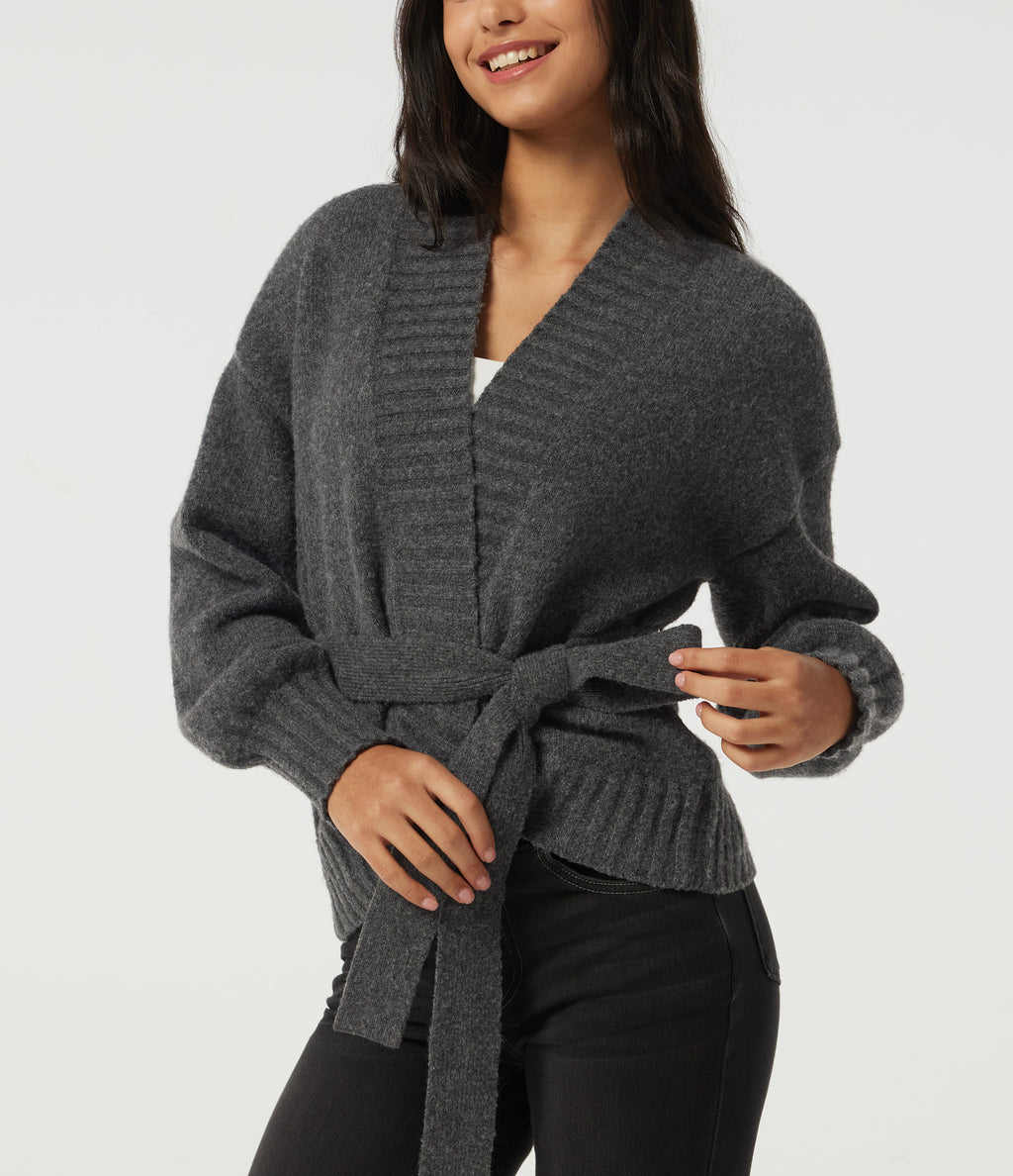 Long Sleeve Tie Front Casual Cardigan — Smokey Grey — view 6