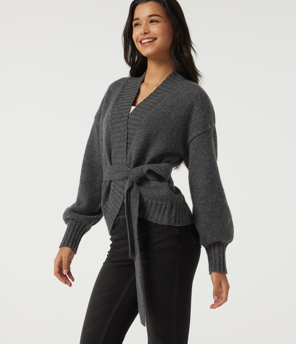 Long Sleeve Tie Front Casual Cardigan — Smokey Grey — view 5