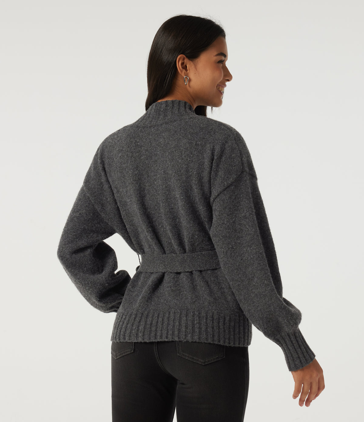 Long Sleeve Tie Front Casual Cardigan — Smokey Grey — view 2