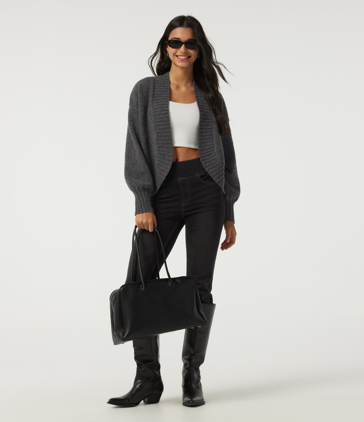 Long Sleeve Tie Front Casual Cardigan — Smokey Grey — view 8