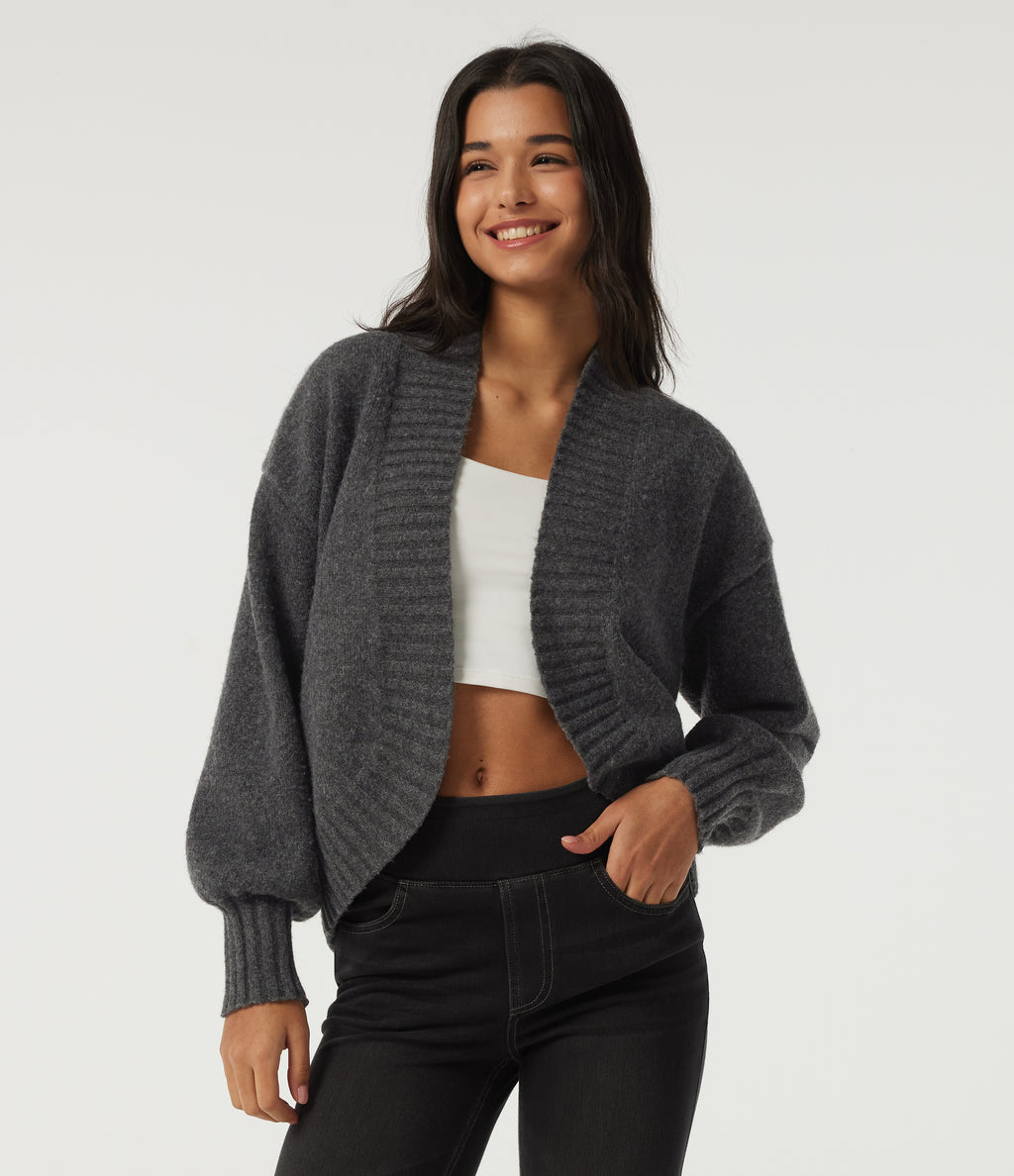 Long Sleeve Tie Front Casual Cardigan — Smokey Grey — view 4