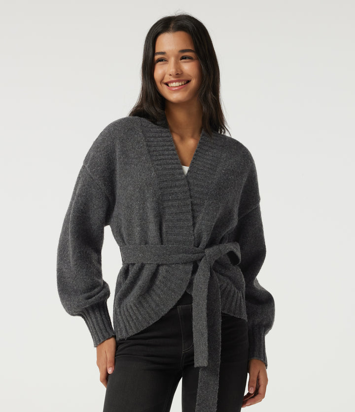 Long Sleeve Tie Front Casual Cardigan — Smokey Grey — view 1