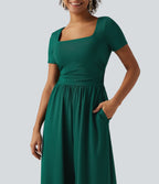 Square Neck Short Sleeve Wide Leg Casual Jumpsuit with Pockets - Edition — Rain Forest — view 4