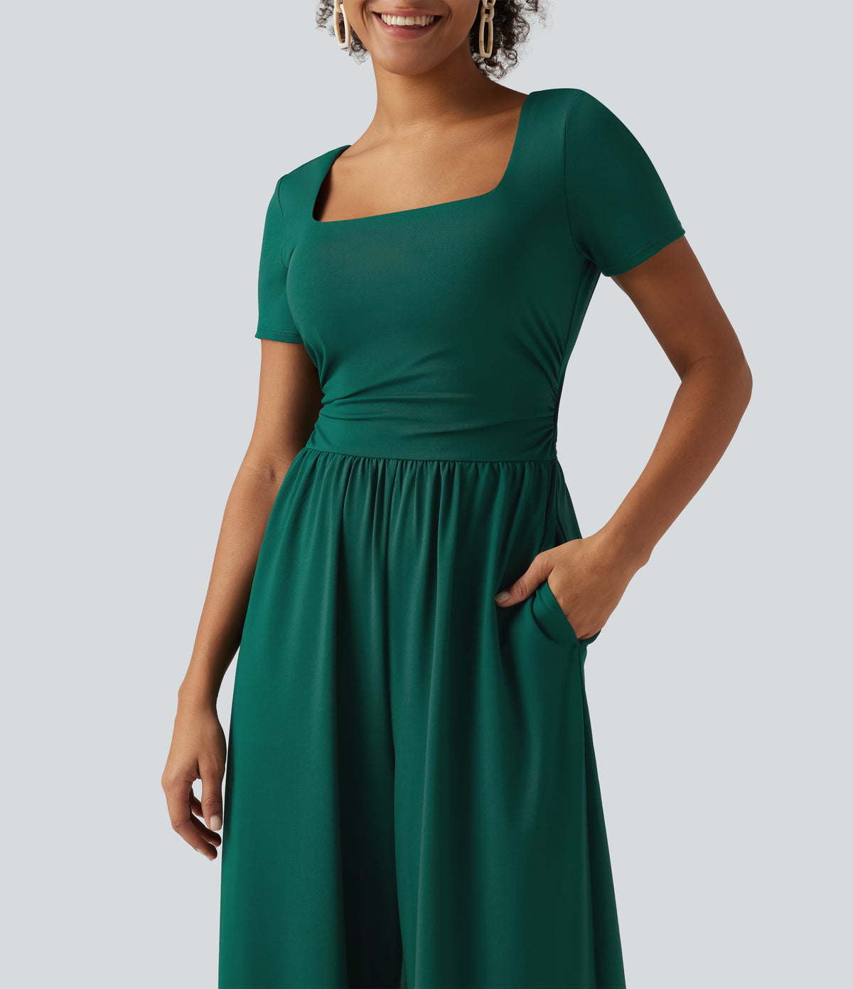 Square Neck Short Sleeve Wide Leg Casual Jumpsuit with Pockets - Edition — Rain Forest — view 4