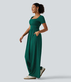 Square Neck Short Sleeve Wide Leg Casual Jumpsuit with Pockets - Edition — Rain Forest — view 3