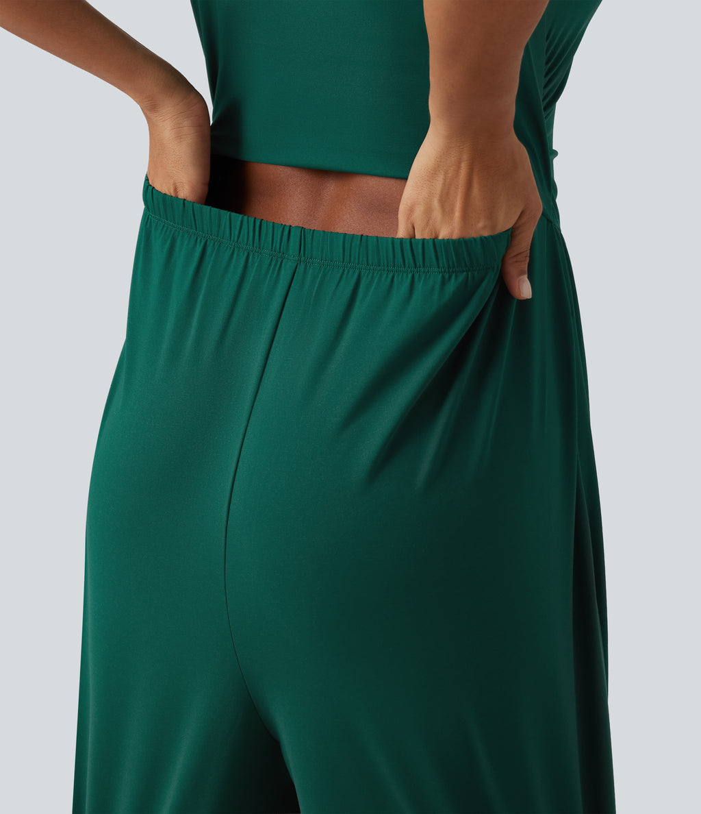 Square Neck Short Sleeve Wide Leg Casual Jumpsuit with Pockets - Edition — Rain Forest — view 5