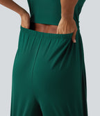 Square Neck Short Sleeve Wide Leg Casual Jumpsuit with Pockets - Edition — Rain Forest — view 5