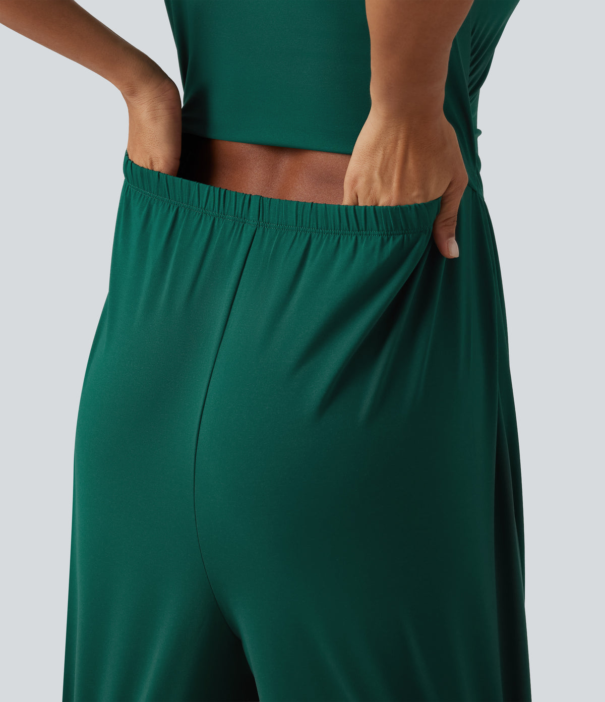 Square Neck Short Sleeve Wide Leg Casual Jumpsuit with Pockets - Edition — Rain Forest — view 5