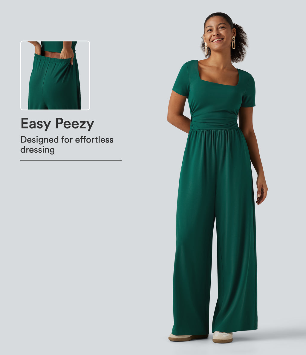 Square Neck Short Sleeve Wide Leg Casual Jumpsuit with Pockets - Edition — Rain Forest — view 1