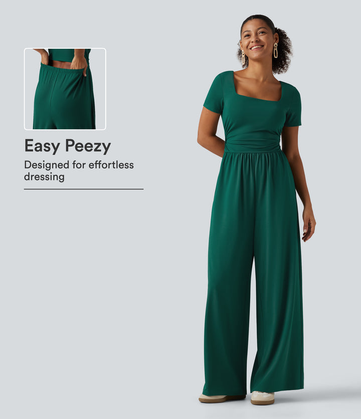 Square Neck Short Sleeve Wide Leg Casual Jumpsuit with Pockets - Edition — Rain Forest — view 1