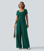 Square Neck Short Sleeve Wide Leg Casual Jumpsuit with Pockets - Edition — Rain Forest — view 7
