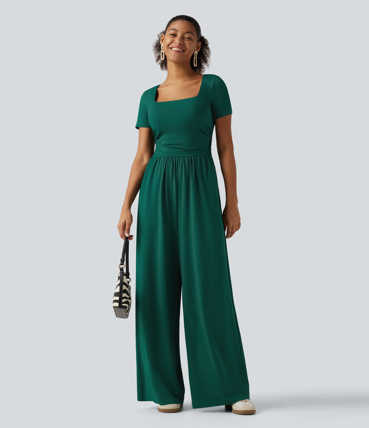 Square Neck Short Sleeve Wide Leg Casual Jumpsuit with Pockets - Edition — Rain Forest — view 7