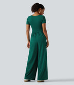 Square Neck Short Sleeve Wide Leg Casual Jumpsuit with Pockets - Edition — Rain Forest — view 2