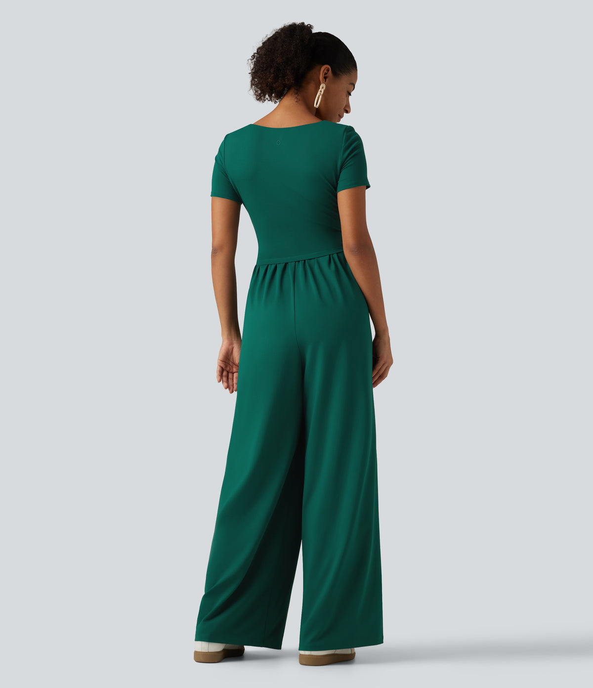 Square Neck Short Sleeve Wide Leg Casual Jumpsuit with Pockets - Edition — Rain Forest — view 2