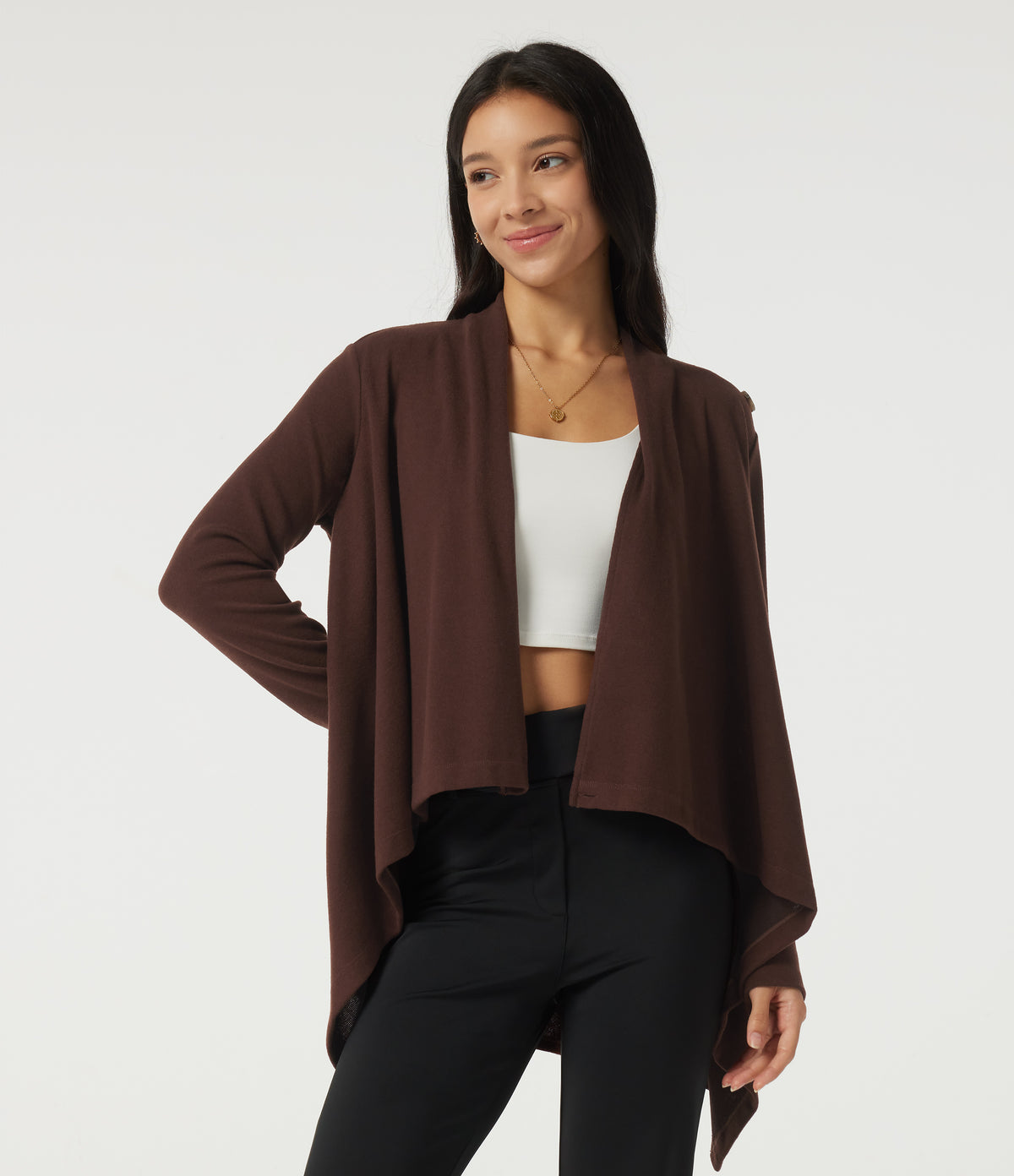 Long Sleeve Asymmetric Wrapped Casual Top — Bitter Chocolate — view 3