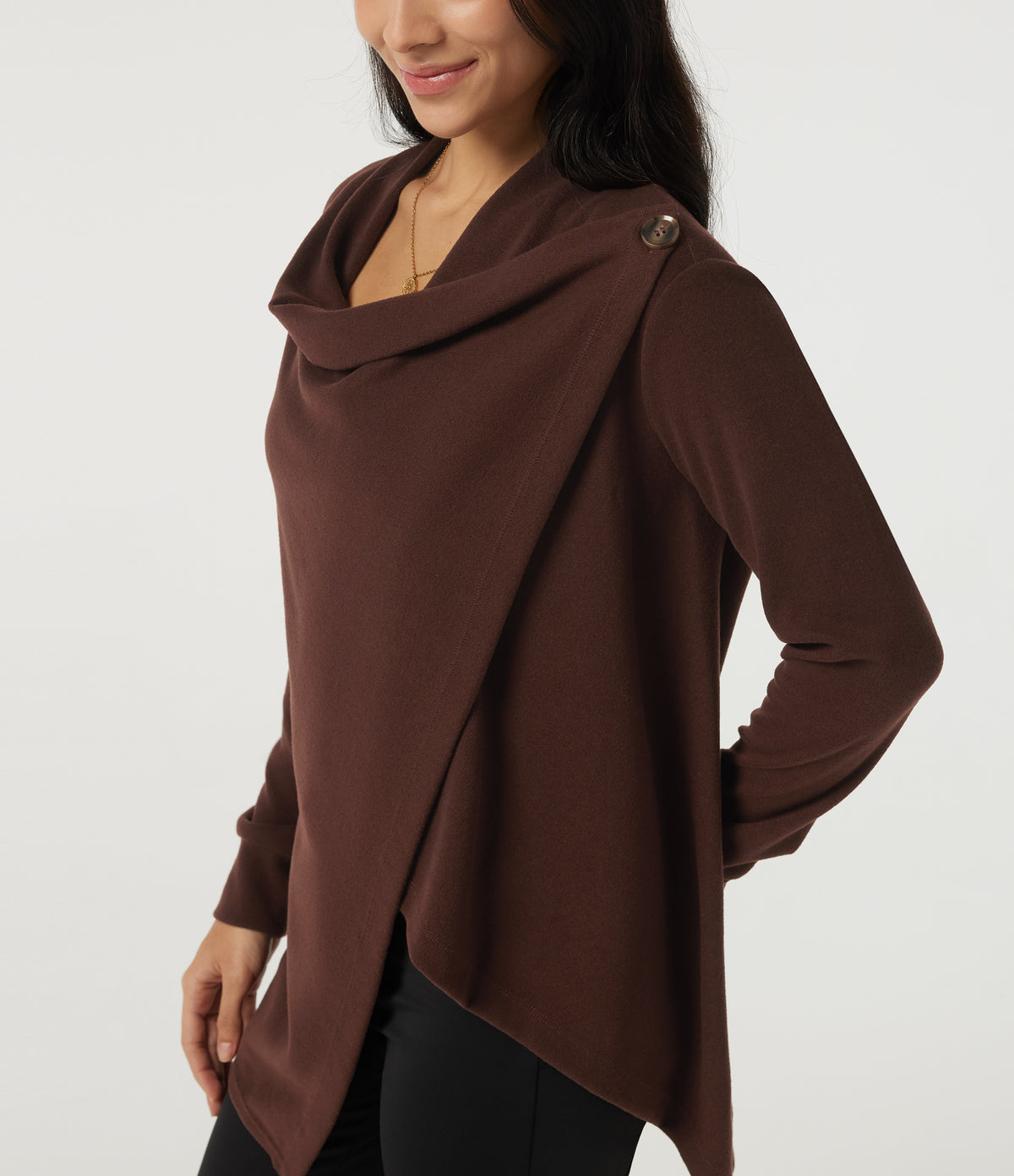 Long Sleeve Asymmetric Wrapped Casual Top — Bitter Chocolate — view 5