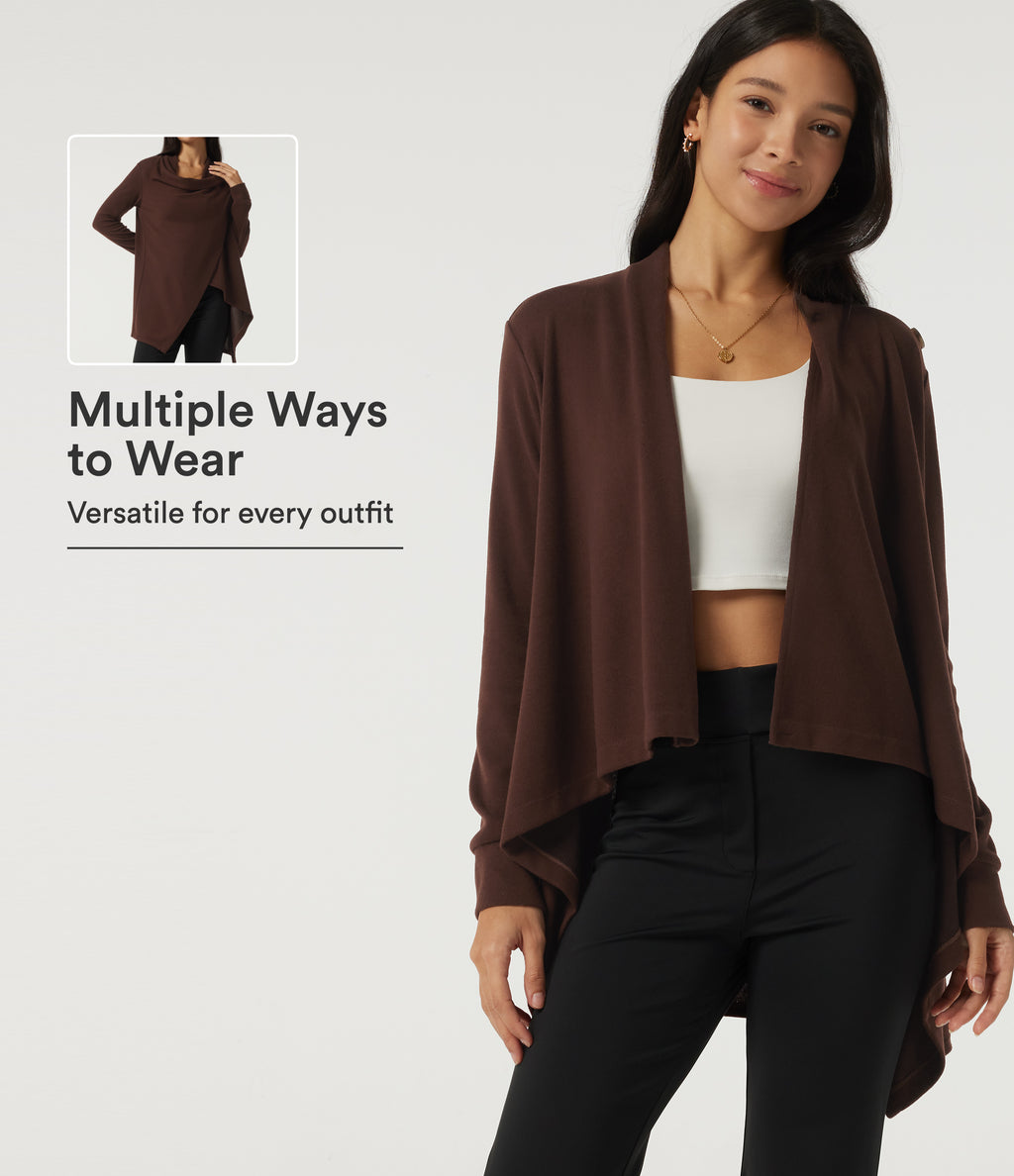 Long Sleeve Asymmetric Wrapped Casual Top — Bitter Chocolate — view 1