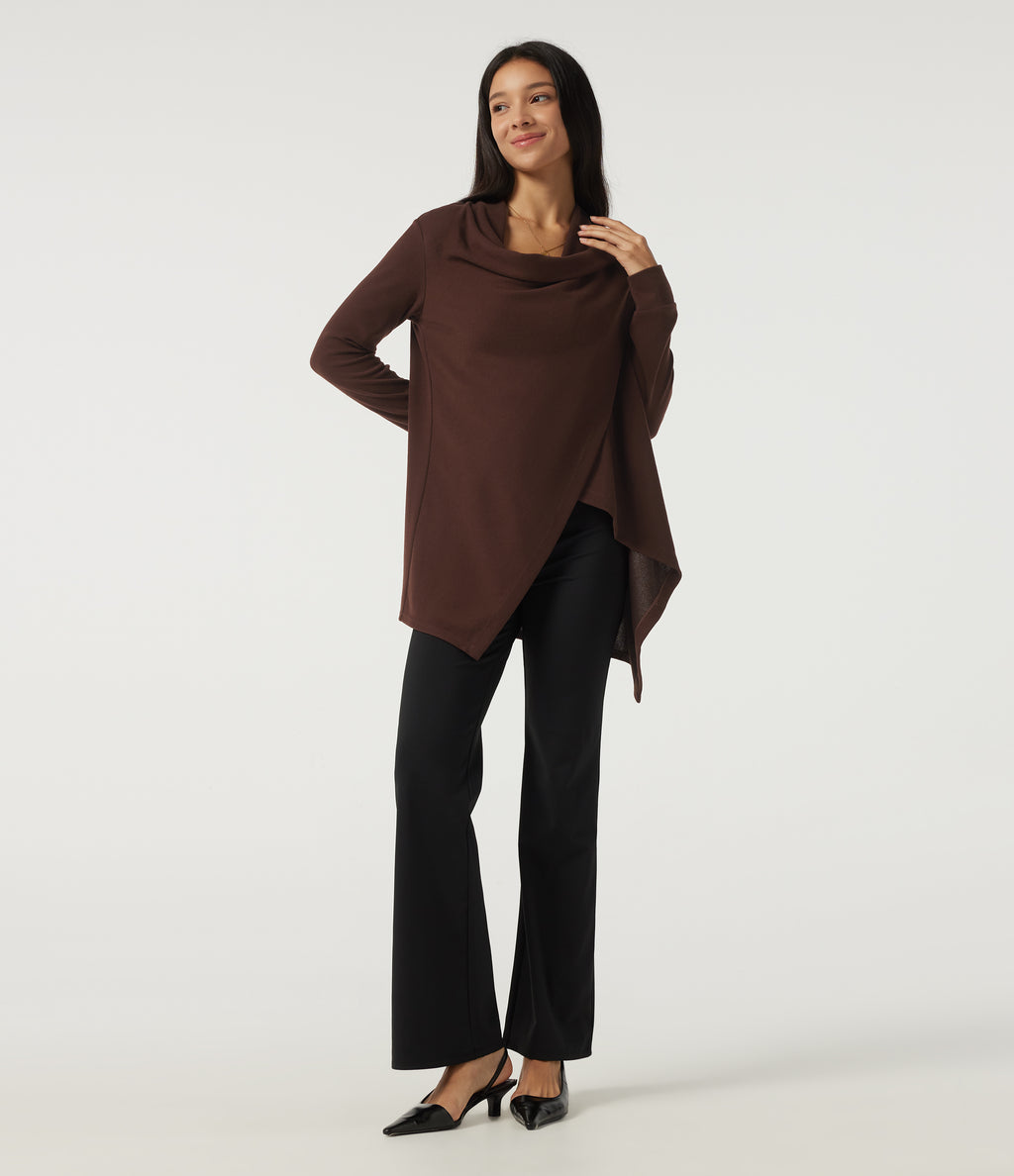 Long Sleeve Asymmetric Wrapped Casual Top — Bitter Chocolate — view 7