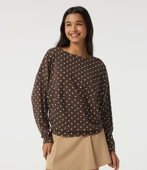 Boat Neck Dropped Long Sleeve Polka Dot Casual Top — Cocoa Cream Dot — view 1