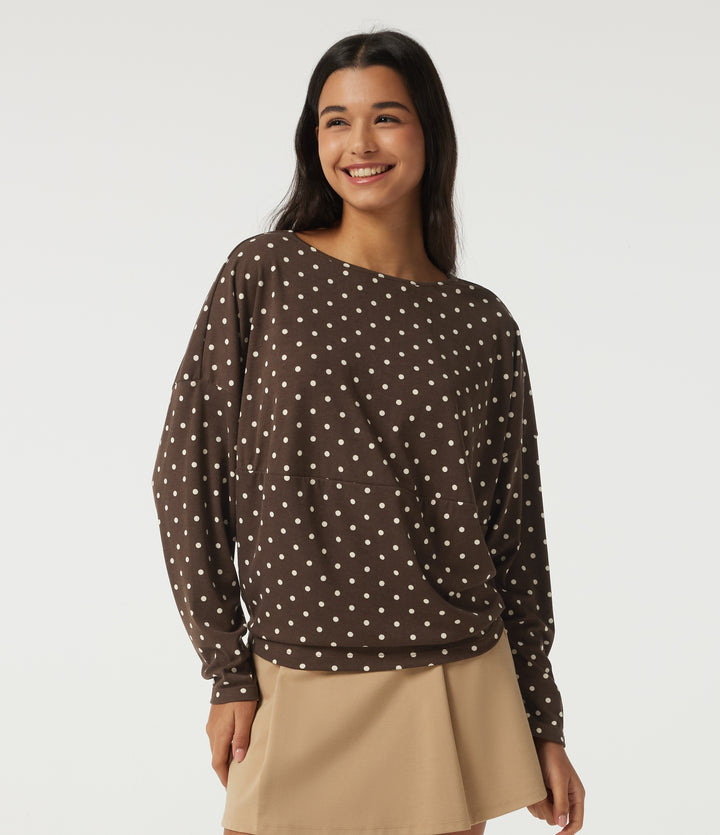 Boat Neck Dropped Long Sleeve Polka Dot Casual Top — Cocoa Cream Dot — view 1