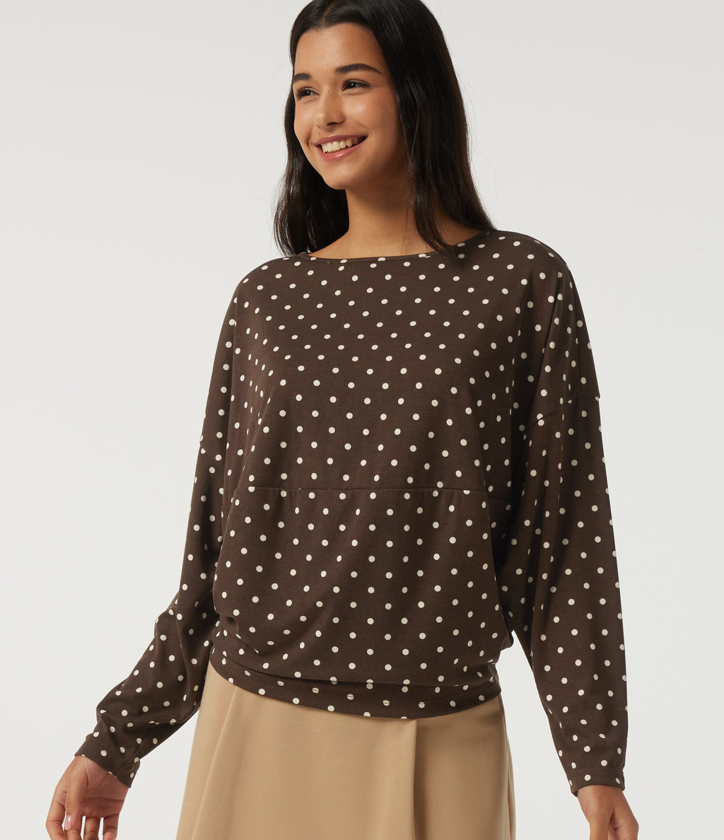 Boat Neck Dropped Long Sleeve Polka Dot Casual Top — Cocoa Cream Dot — view 4