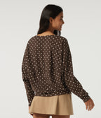 Boat Neck Dropped Long Sleeve Polka Dot Casual Top — Cocoa Cream Dot — view 2