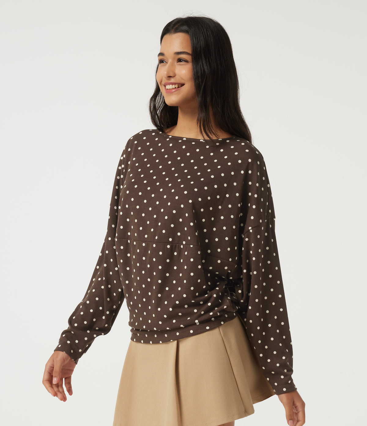 Boat Neck Dropped Long Sleeve Polka Dot Casual Top — Cocoa Cream Dot — view 3