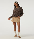 Boat Neck Dropped Long Sleeve Polka Dot Casual Top — Cocoa Cream Dot — view 7