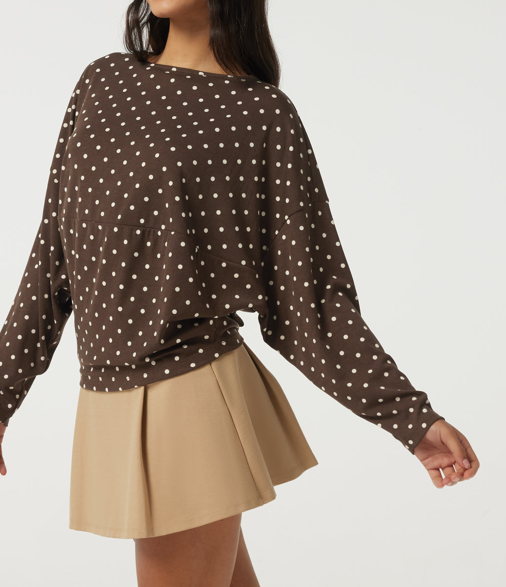 Boat Neck Dropped Long Sleeve Polka Dot Casual Top — Cocoa Cream Dot — view 5