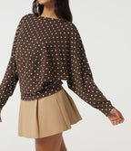 Boat Neck Dropped Long Sleeve Polka Dot Casual Top — Cocoa Cream Dot — view 5