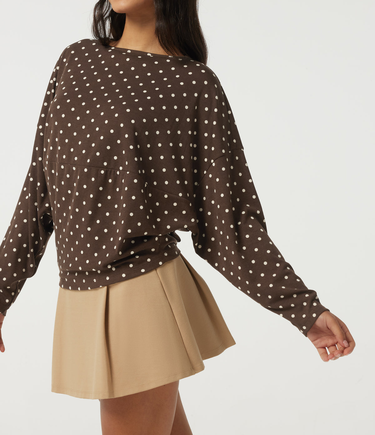 Boat Neck Dropped Long Sleeve Polka Dot Casual Top — Cocoa Cream Dot — view 5