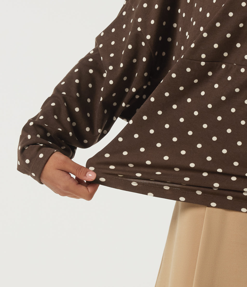 Boat Neck Dropped Long Sleeve Polka Dot Casual Top — Cocoa Cream Dot — view 6