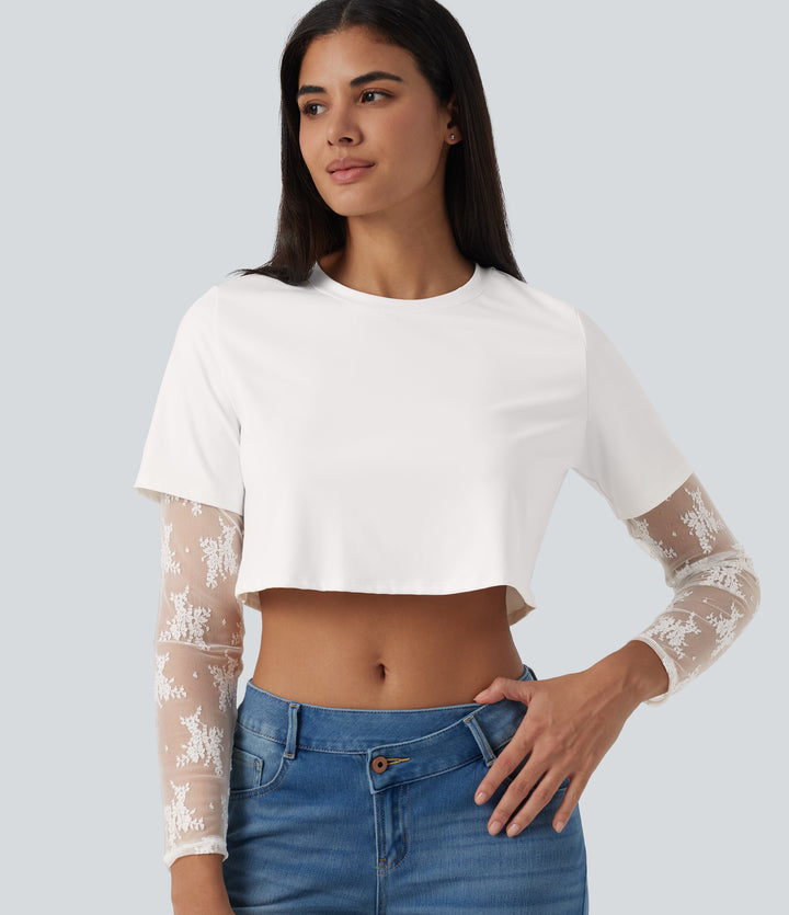Airy InstantCool Round Neck Long Sleeve Relaxed Lace Casual T-Shirt — White — view 1