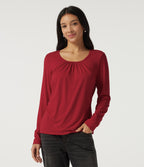 U Neck Long Sleeve Ruched Work Top — Haute Red — view 4