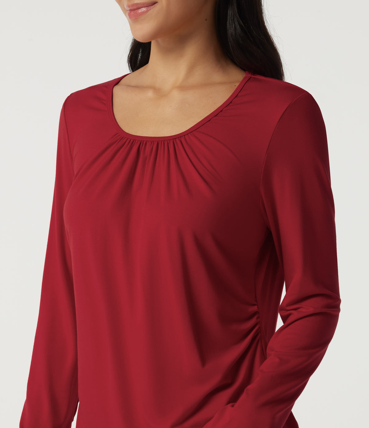 U Neck Long Sleeve Ruched Work Top — Haute Red — view 5